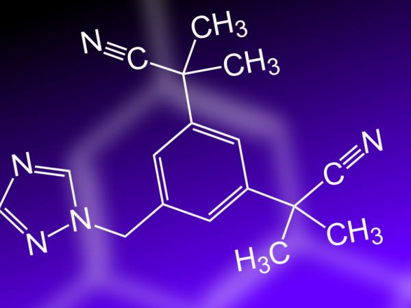 A diagram of the chemical structure of anastrozole